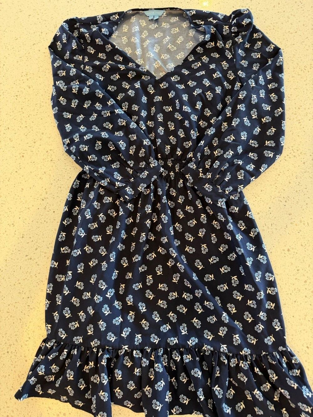 Draper James Navy Floral A-Line Dress Ruffle V-Neck Long Sleeve Short Pullover S
